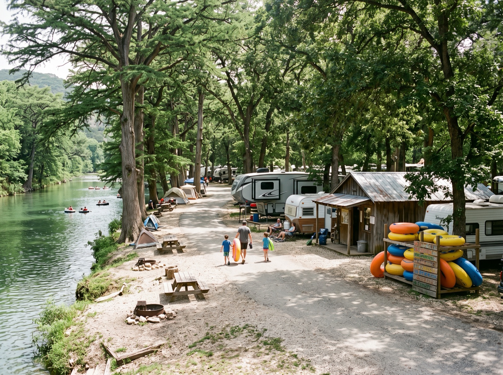 Shaded riverfront RV and tent sites along the Guadalupe at Lazy L&L Campground