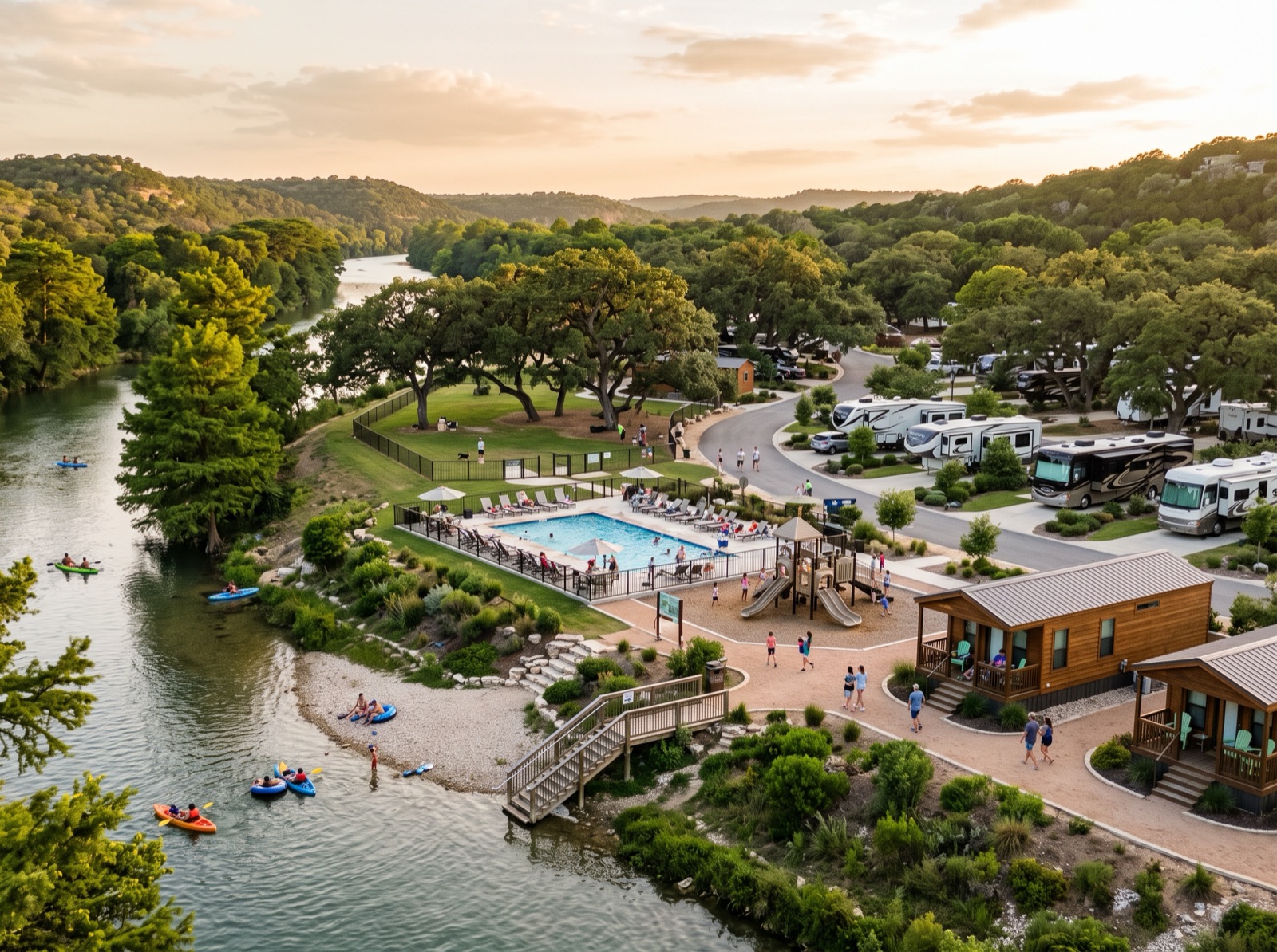 Rio Guadalupe Resort with cabins, pool, playground, and river access
