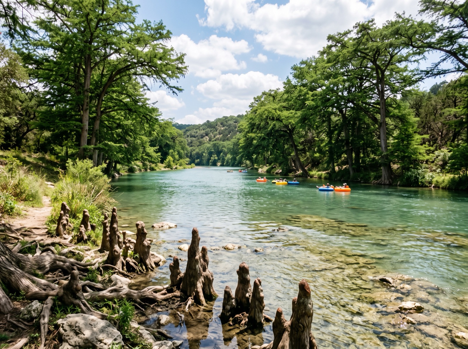 Cypress-lined Guadalupe River in the Texas Hill Country with tubers downstream