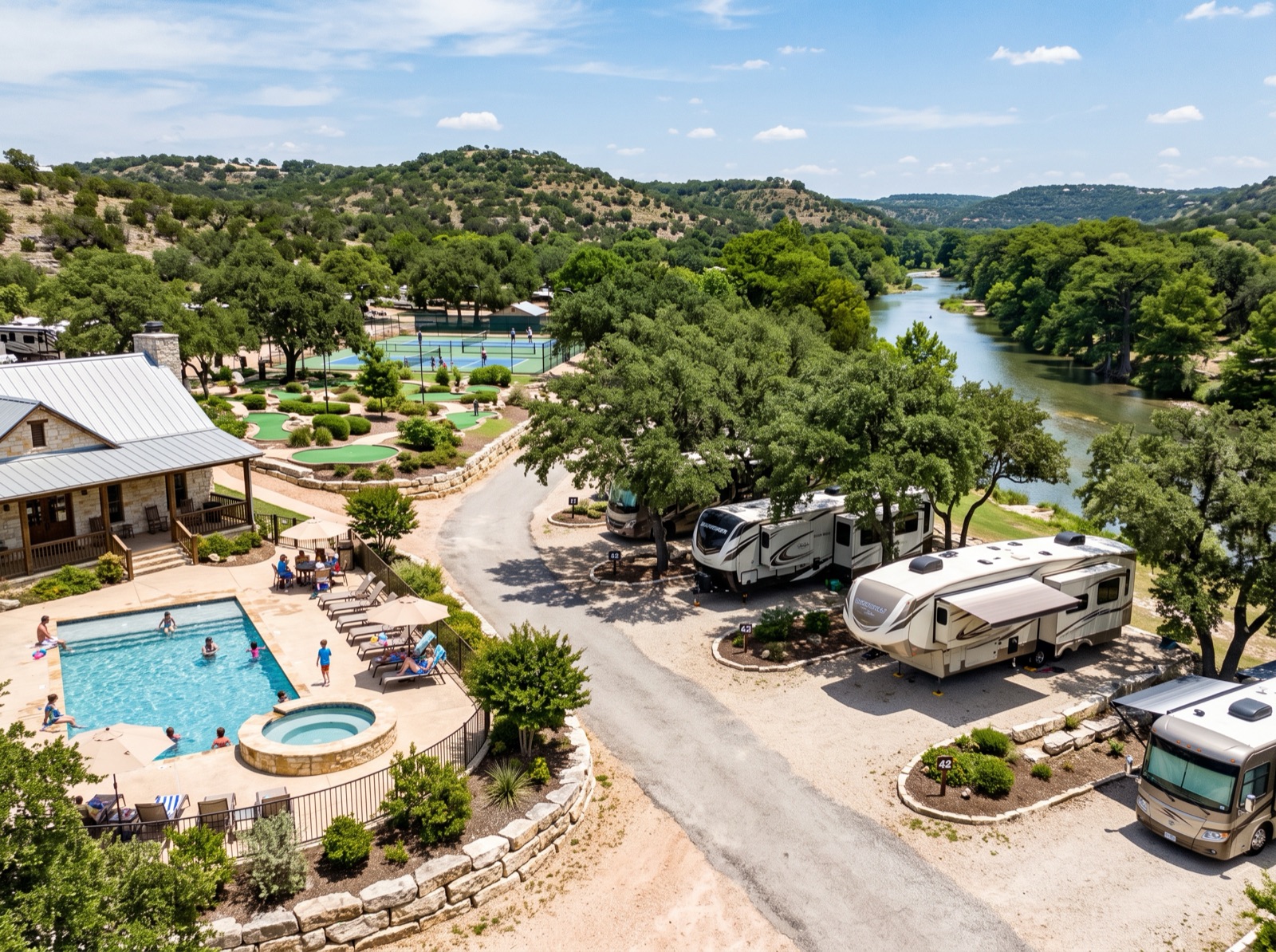 Summit Vacation & RV Resort with pool, river, and full-hookup sites in the Texas Hill Country